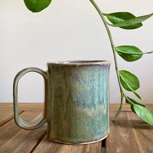 studio pottery artist signed rustic mug cup farmhouse cottage green blue brown